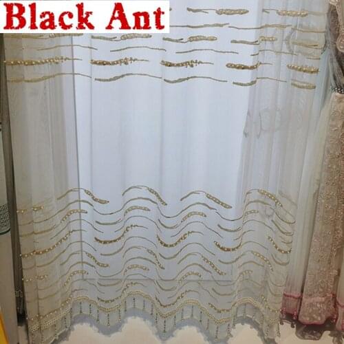 Luxurious Golden Strips Pearl Tulle Curtains Bedroom Living Room Window Screen Modern Geometric White Sheer Voile Panel X784T3
