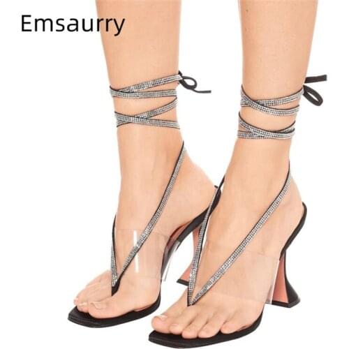 New Design Summer Ankle Wrap Sandals Women Sexy Goblet Heel PVC Transparent Rhinestone Luxury Satin Shoes Woman