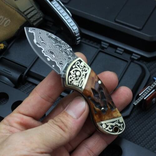 Folding knife very sharp Damascus steel imports blacksmithing camping tool bovine bone handle outdoor self-defense knife