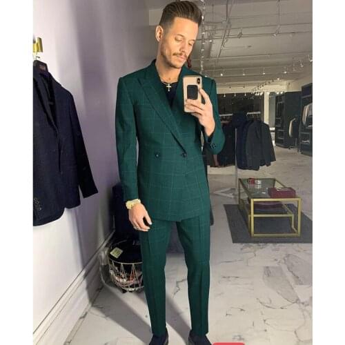 Hunter Green Damier Check Double Breasted Mens Tuxedos Peaked Lapel Slim Fit Two Pieces Wedding Blazer and Pants