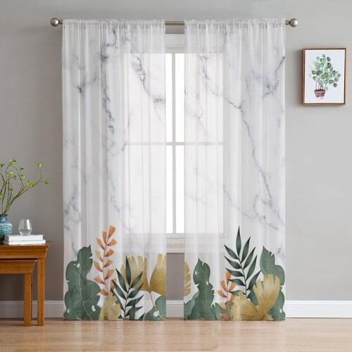 Tropical Plants Summer Marble Tulle Curtains For Living Room Bedroom Voile Curtain Home Decoration Sheer Balcony Door Curtain