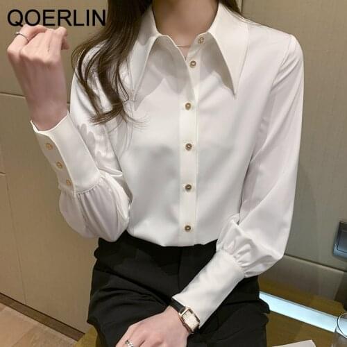 QOERLIN Girly Imitation Silk White Shirt Texture Elegant Commuting Style Plus Size Blouse Turn Down Button Puff Sleeve Top Shirt