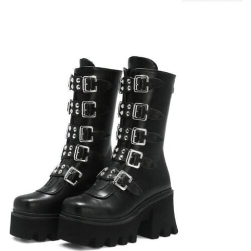 Winter Gothic Punk Womens Platform Boots Black Buckle Strap Zipper Creeper Wedges Shoes Mid Calf Military Combat Boots Women