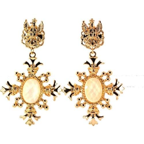 New Euramerican Palace Vintage Pop Baroque Style Brand Jewelry Black Gem Cross Earrings Crown Pendientes Womens Accessories