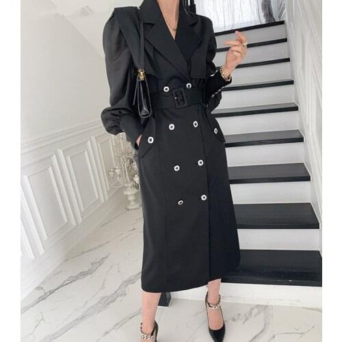 Elegant Loose Double-breasted Dress Woman Autumn New Black Solid Party Dresses Vestidos Business Runway Vintage Clothing Chic
