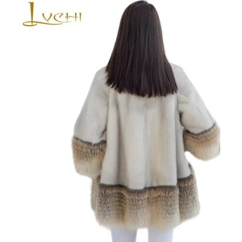 LVCHI Winter 2019 Import Velvet Mink Fur Coats Womens Full Sleeve Patchwork Fox Fur Hem Coat Full Pelt Medium Mink Fur Coats