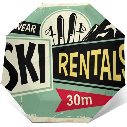 Automatic Umbrella Retro Ski Rentals Sign three-fold umbrella women men rain umbrella