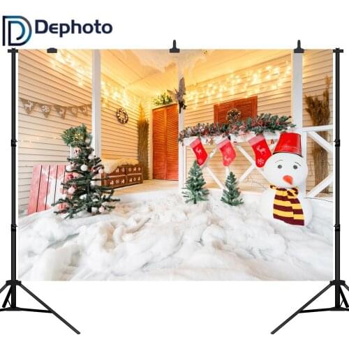 Dephoto Christmas Background Snowman Wooden House Christmas Tree Decoration Photography Backdrops Photocall Photo Background