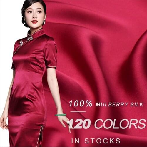 HYSK 100% pure silk satin fabric red coral solid bridal woven soft DIY sewing real organic silk multicolor for wedding dress
