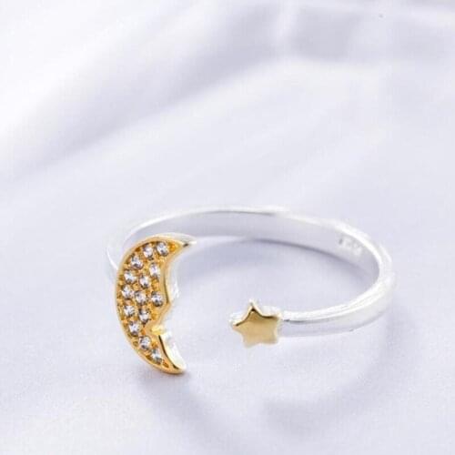 Sole Memory Zircon cute shiny moon star personality literature 925 Sterling Silver Female Resizable Opening Rings SRI238