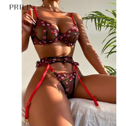 Women Sexy Lingerie Set Heart Embroidery Push Up Gather Bras G-string Sex Panties Garter Belts Hot Temptation Erotic Underwear