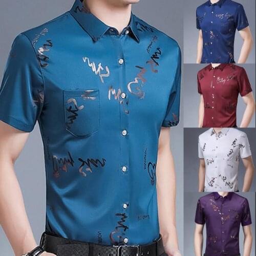 Men Summer Business Shirt Social Shirt Letter Pocket Summer Turndown Collar Slim Top for Party Single Breasted Quality Tops