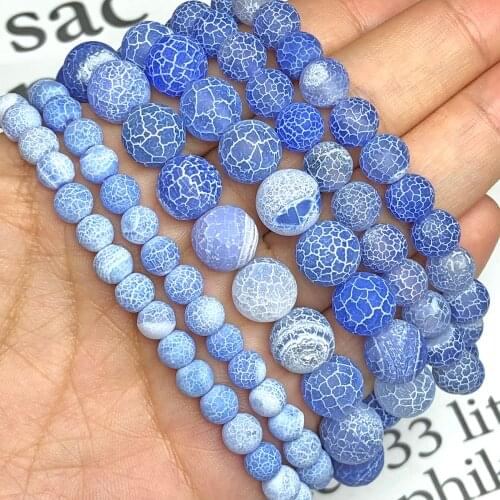 Natural Frost Matte Blue Cracked Dragon Vein Dream Fire Agates Stone Loose Spacer Beads For Jewelry Making DIY Charm Bracelets