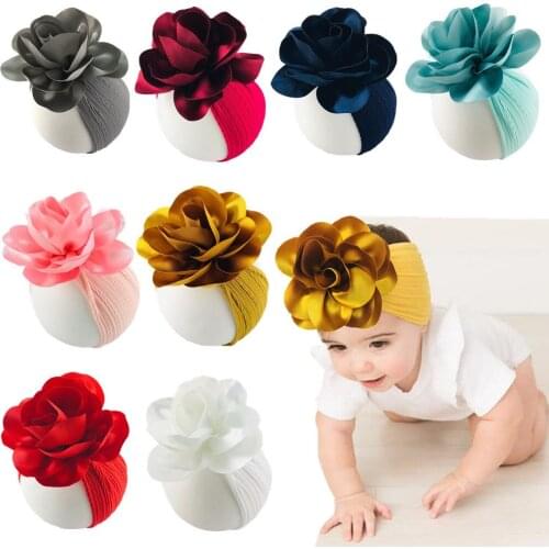 15Pcs/Lot 6" Baby Girl Big Rolled Satin Flowers Headbands Newborn Infant Toddler Kinted Nylon Hairbands Child Hair Accessories
