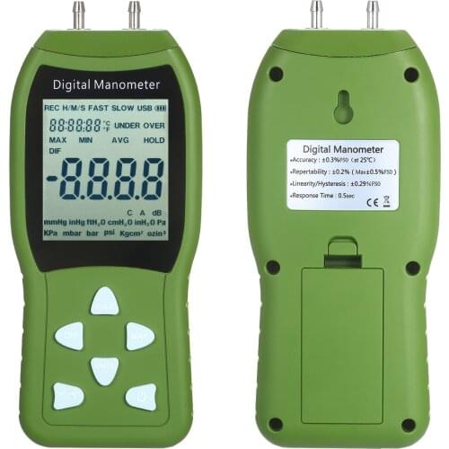 Handheld Digital Air Pressure Meter 12Unit Dual Port Differential Pressure Gauge HVAC LCD Backlit Natural Gas Analyzer Manometer