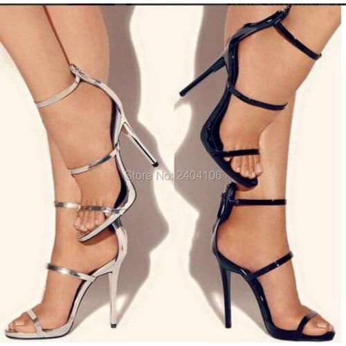 Summer Narrow Band Metallic Sandals Women Black Nude Silver Gold Gladiator Sandal Boots Sexy High Heel Cut Out Caged Shoes Woman