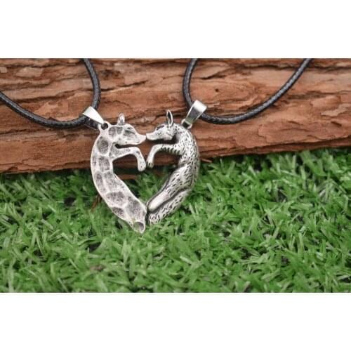 SanLan couple Fox Love Necklace His and Hers Heart Kissing Couple
