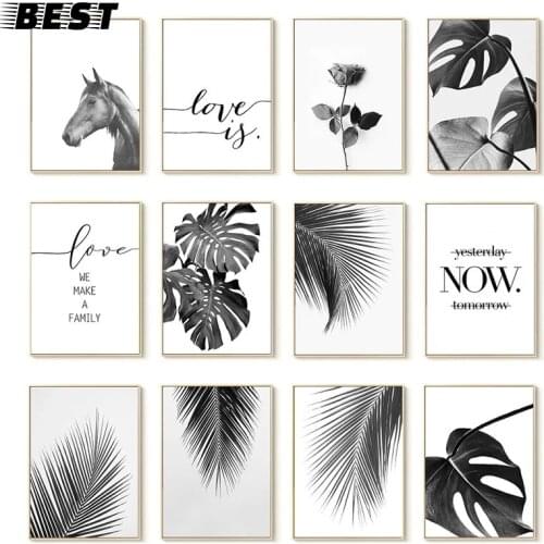 Modern Wall Art Canvas Black And White Palm Leaves Plant Horse Painting Bedroom Living Room Home Decor Aesthetic Poster Pictures