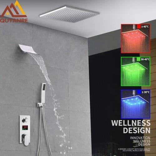 Luxury LED Rainfall Waterfall Shower Faucet Kit LED Rain Shower With Waterfall Spout LCD Digital Display Mixer Tap Bath Shower