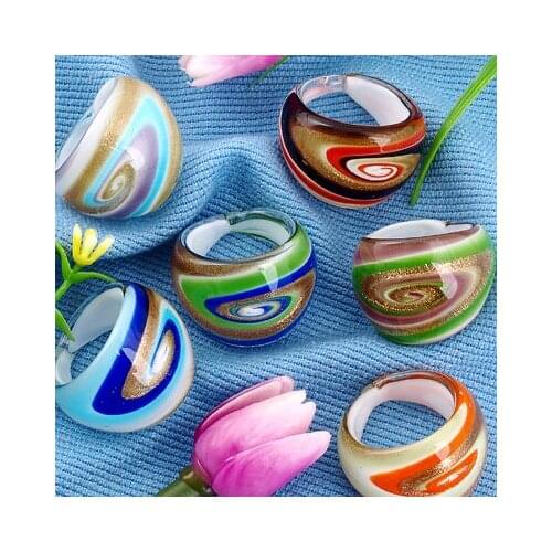 Topstore 12 Lampwork Murano Gold Foil 6 Color Band Ring 17-19mm HOT