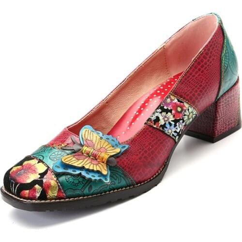 Vintage Genuine Leather Colorful Stripes Splicing Geometric Pattern Comfortable Slip On Pumps Shoes Woman Pumps Spring