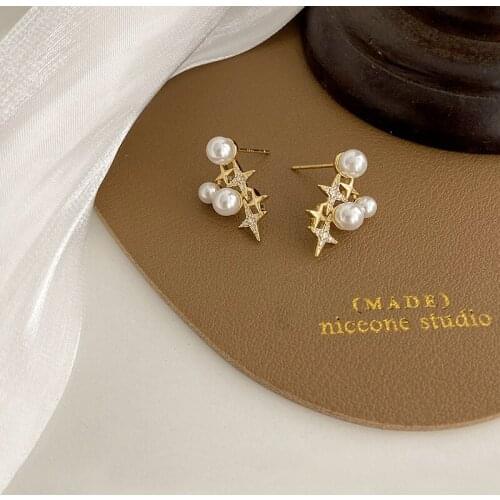 YAONUAN Trend Stars Shining Pearl Metal Inlaid Zircon Gold Plated Stud Earrings For Women Unique Jewelry Accessories Party Gifts