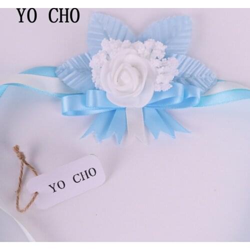 YO CHO Delicate Free Shipping 2018 New White Rose Artificial Wrist Flowers Bridal Bridesmaid Wedding Flowers Blue Silk Lace Prom