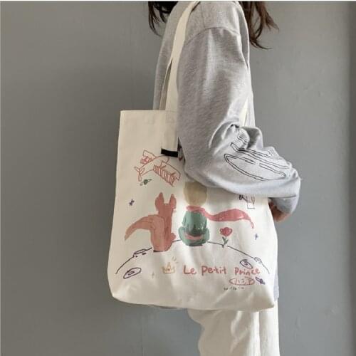 Female Tote Canvas Ins Fashion Cute Cartoon Print Shopping Bag Casual Solid High Capacity Portable Bags Сумка Женская Sac À Main