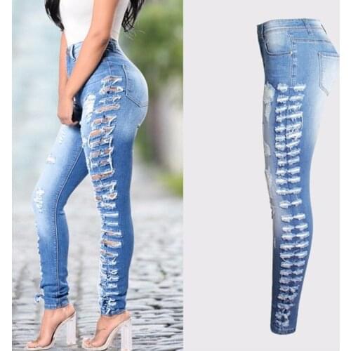 Women High Waist Summer Pencil Skinny Jeans Female Ripped Hole Sexy Hot Cowboy Denim Pants Laies Blue Fashional Jean Trousers