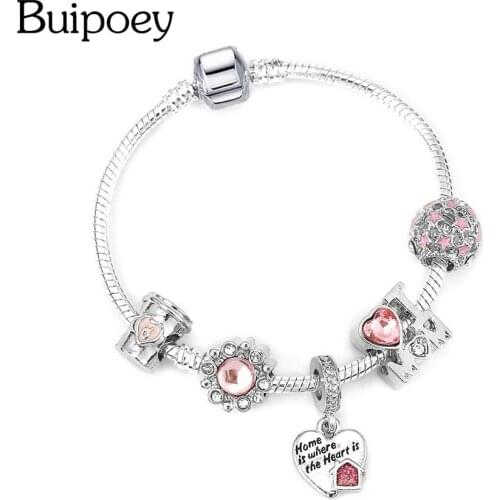 Buipoey Fashion Heart Home Dangle Beaded Charm Bracelets Original Pink Crystal I Love MOM Bead Bracelet & Bangles For Women