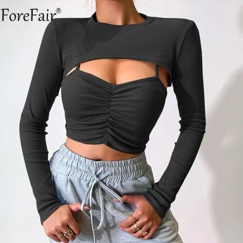 Forefair 2021 Green Long Sleeve Crop Top Women Casual O Neck Hollow Out Ruched Black Fashion Autumn Sexy T Shirts