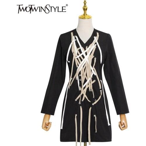 TWOTWINSTYLE Cross Bandage Dress Women V Neck Long Sleeve High Waist Mini High Street Dresses For Female Fashion New Spring