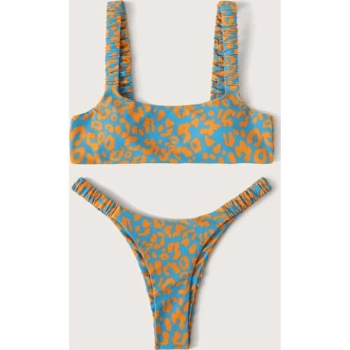 Sexy Bikini 2021 Women Orange Leopard Push Up Pleated Thong Swimsuit Biquini High Cut Bathing Suit Micro Swimwear Ropa Mujer