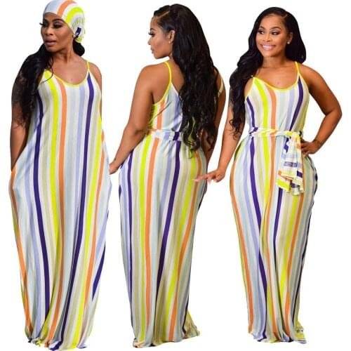 Stripe Loose women summer maxi dress O-neck braces Long beach dresses hairbands party Clothes