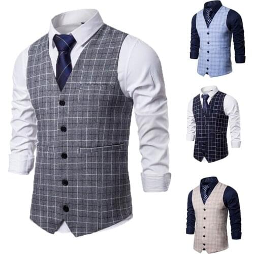 Waistcoat Vest For Men Slim Fit Leisure Plaid Gentlemen Business Sleeveless Vintage