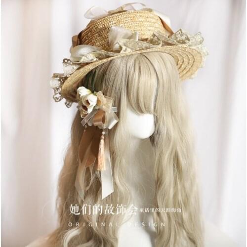 Gold White Contrast Bow Beach Cap Gorgeous Lolita Bow Lace Ruffles Straw hat Japanes Gold White Contrast Bow Beach Cap Gorgeous
