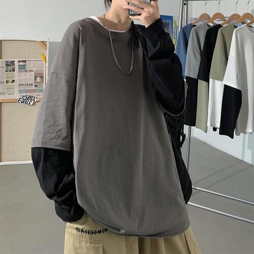 2021 Autumn Spring Fashion Oversized Fake Two Pieces Black Grey Tshirt Mens Long Sleeve Casual O Neck T-Shirt For Man TOP TEES