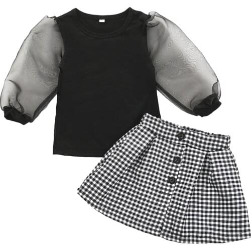 1-6T Infant Kids Baby Girl Mesh Long Sleeve Shirt Plaid Skirts 2Pcs Sun Protect Summer Clothes Outfits