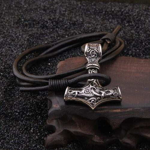Dropshipping Stainless steel Viking thor hammer pendant hand made really leather Bracelet for men gift