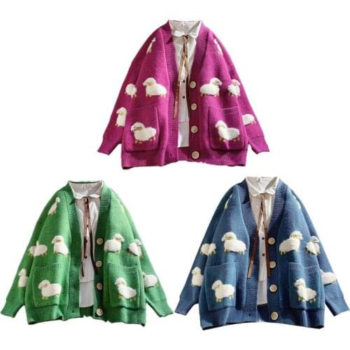 K3NF Women Autumn Long Sleeve Knitted Cardigan Cute Cartoon Sheep Print Single Breasted Sweater Coat Oversized Loose V-Neck with