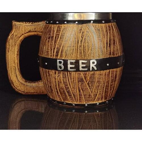 Creative Oak Barrel Style Beer Mug 550ml Simulation Wooden Barrel Beer Cup Double Wall Drinking Mug Metal Insulated as Birthday