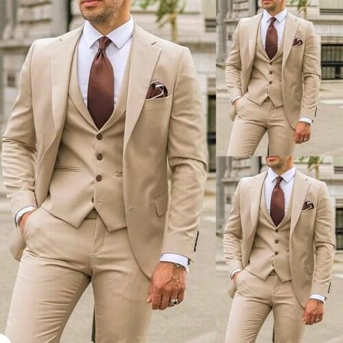 Khaki Groom Wedding Tuxedos 3 Pieces Mens Pants Suits British Soild Color Prom Party Blazer Coat (Jacket+Vest+Pants)