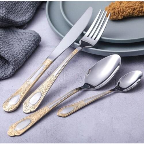 Stainless Steel Luxury Knife Fork And Spoons Cutlery Set Gold Inlay Floral Pattern Tableware Dinnerware Sets Kitchen Accessory