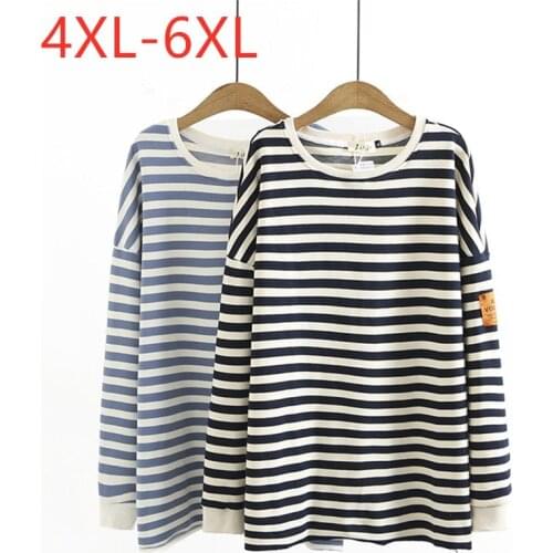 New 2021 Ladies Autumn Winter Plus Size Tops For Women Large Pullover Long Sleeve Loose Cotton Stripe Thick T-shirt 4XL 5XL 6XL