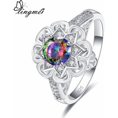 Lingmei Cluster Bohemia Style Multi & Red White Zircon Silver Color Wedding Ring Size 6-9 Christmas Women Jewelry