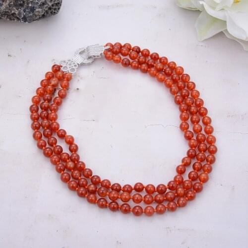 18'' 3 Strands Natural Round Red Carnelian Agates Necklace Cz Clasp For Women Lady Jewelry Gift