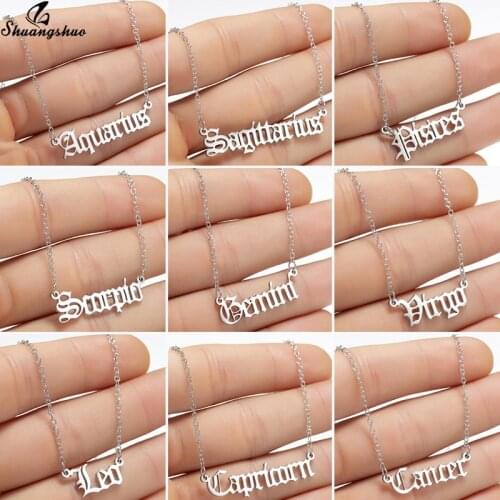Shuangshuo Stainless Steel 12 Constellation Necklace Old English Zodiac Pendant Chokers Aries Leo Gemini Jewelry for Femme Gifts