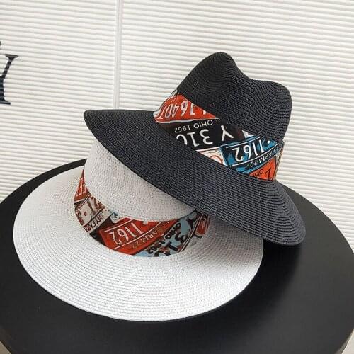 New Summer Unisex Letter Ribbon Sun Hat Outdoor Vacation Panama Topper Straw Hat Women Men Beach Jazz Foldable Fedora Chapeau