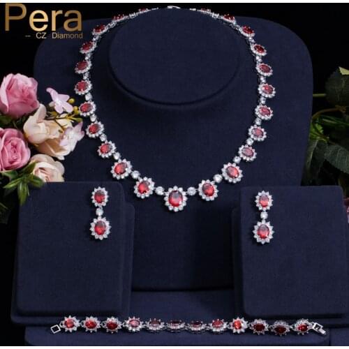 Pera Luxurious Bridal Wedding 3 Pcs Jewelry Set Big Round Cubic Zirconia Red Choker Necklace Earring Bracelet Set For Women J013