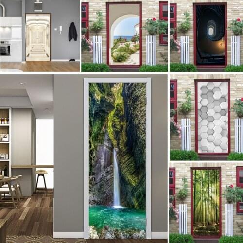 Landscape Door Wallpaper Bedroom Bathroom Home Design PVC Self-adhesive Waterproof Sticker Wall Art Mural Room Decoration Decals